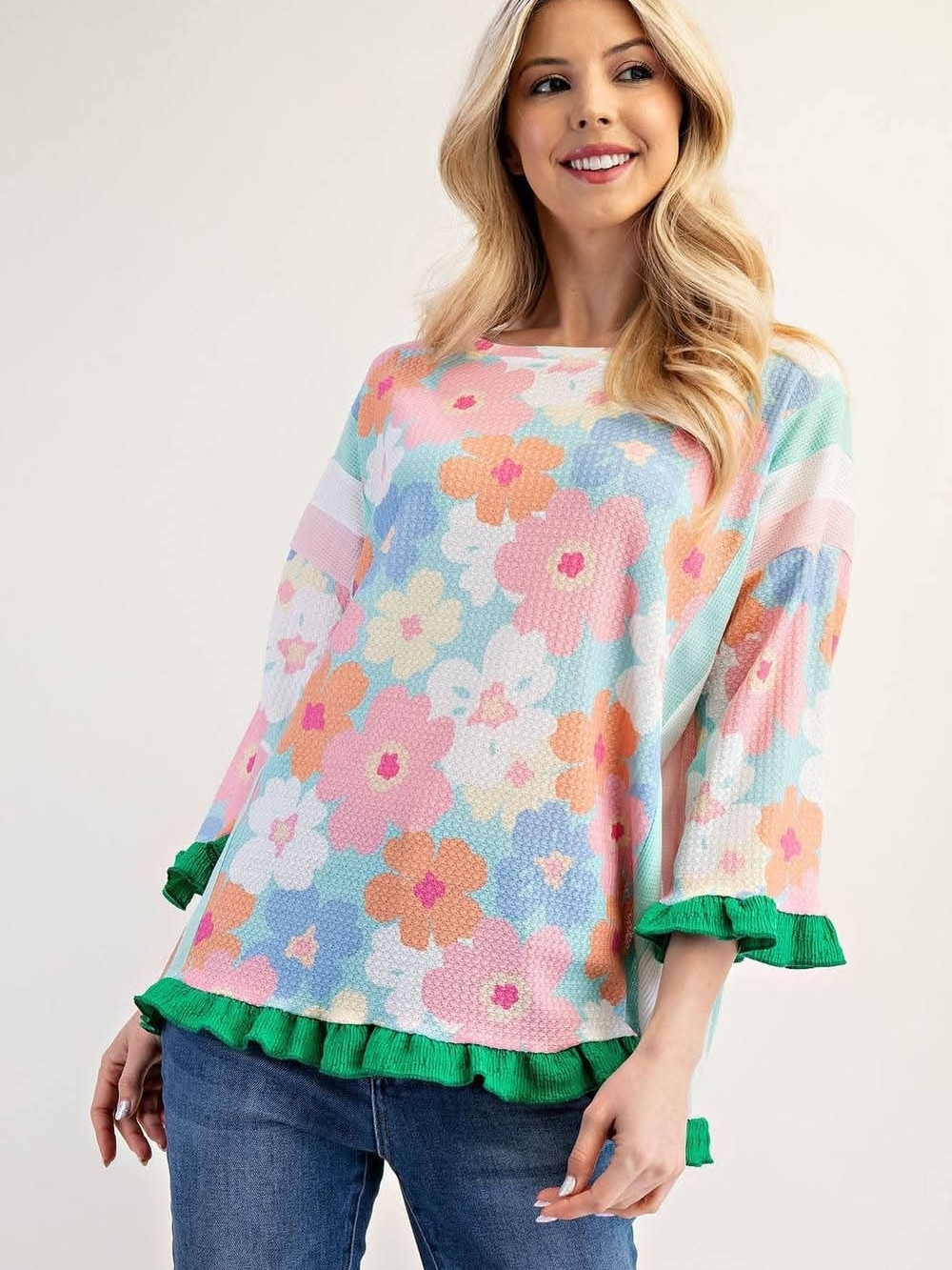 Celeste Pastel Floral Tunic with Green Ruffle Trim